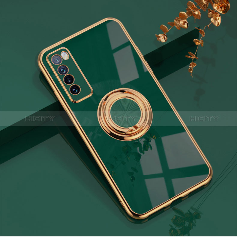 Funda Silicona Carcasa Ultrafina Goma con Magnetico Anillo de dedo Soporte AN1 para Huawei Nova 7 5G Verde