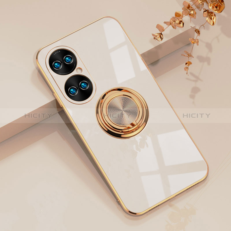 Funda Silicona Carcasa Ultrafina Goma con Magnetico Anillo de dedo Soporte AN1 para Huawei P50 Blanco