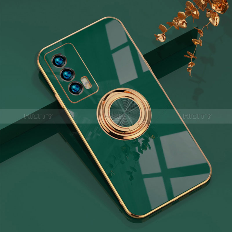 Funda Silicona Carcasa Ultrafina Goma con Magnetico Anillo de dedo Soporte AN1 para Vivo iQOO 7 India 5G Verde