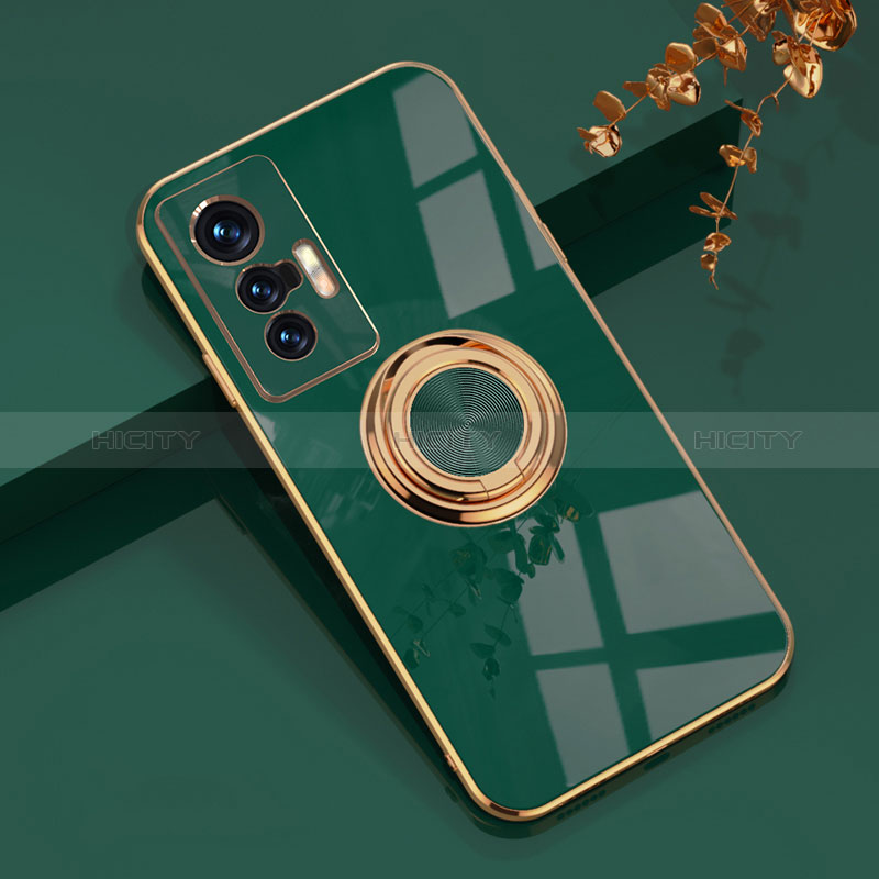 Funda Silicona Carcasa Ultrafina Goma con Magnetico Anillo de dedo Soporte AN1 para Vivo X70 5G Verde