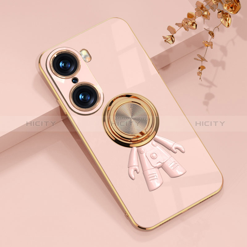 Funda Silicona Carcasa Ultrafina Goma con Magnetico Anillo de dedo Soporte AN2 para Huawei Honor 60 Pro 5G Oro Rosa