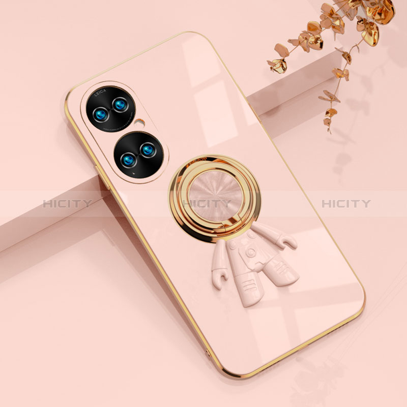 Funda Silicona Carcasa Ultrafina Goma con Magnetico Anillo de dedo Soporte AN2 para Huawei P50 Oro Rosa