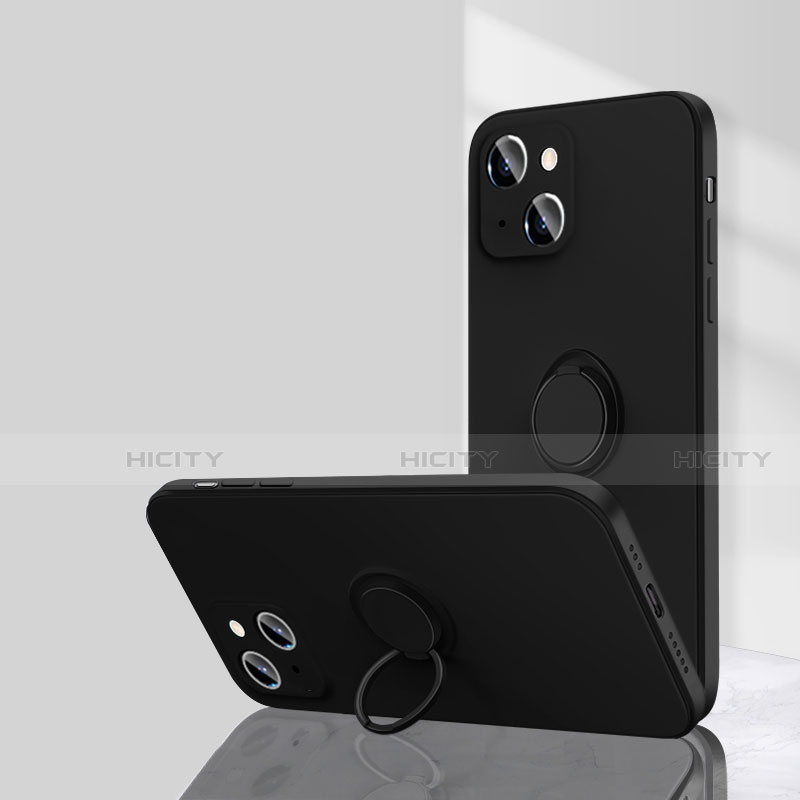 Funda Silicona Carcasa Ultrafina Goma con Magnetico Anillo de dedo Soporte G01 para Apple iPhone 13 Mini Negro