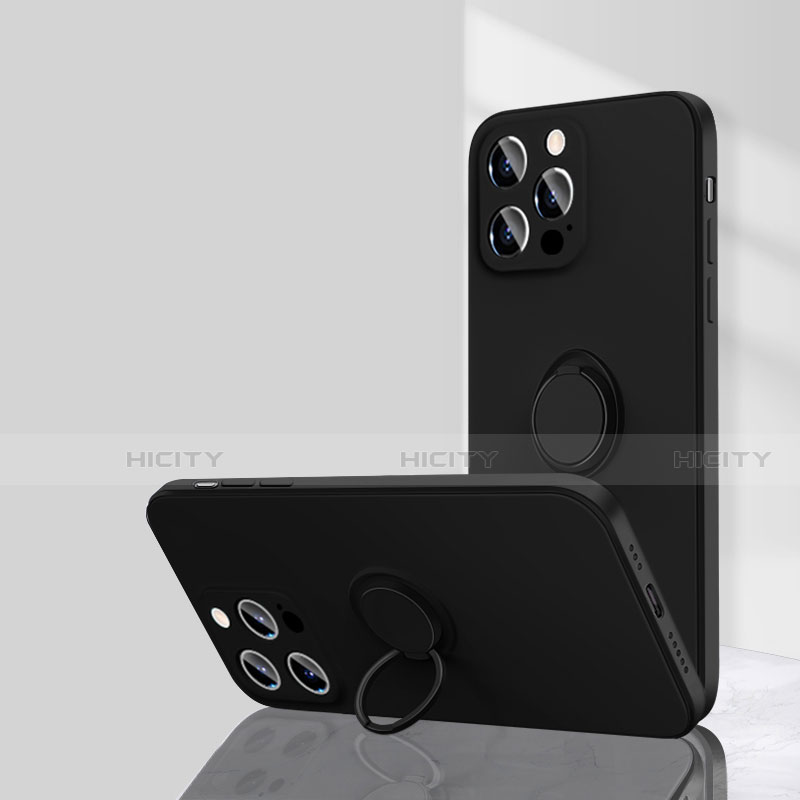 Funda Silicona Carcasa Ultrafina Goma con Magnetico Anillo de dedo Soporte G01 para Apple iPhone 13 Pro Negro