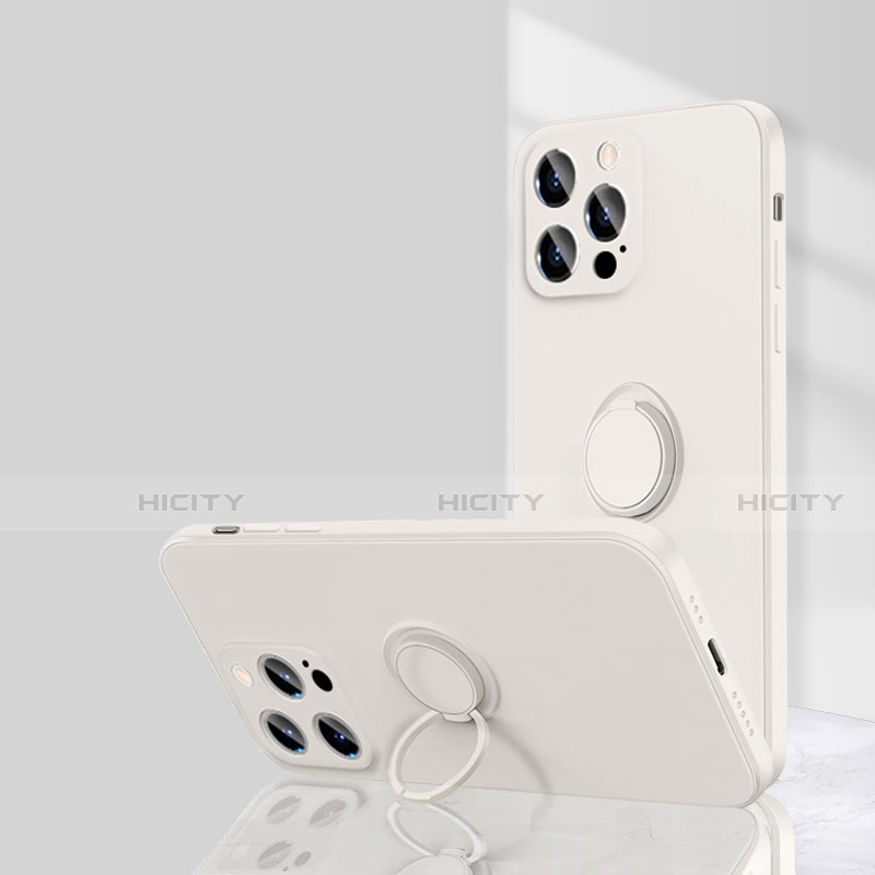 Funda Silicona Carcasa Ultrafina Goma con Magnetico Anillo de dedo Soporte G01 para Apple iPhone 15 Pro Max Blanco
