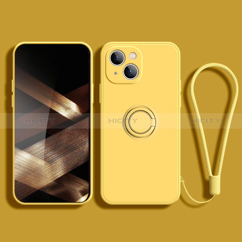 Funda Silicona Carcasa Ultrafina Goma con Magnetico Anillo de dedo Soporte G02 para Apple iPhone 15 Amarillo