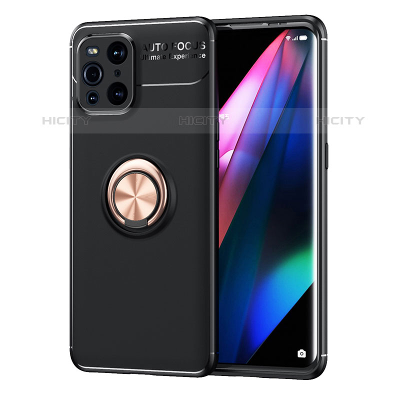 Funda Silicona Carcasa Ultrafina Goma con Magnetico Anillo de dedo Soporte JM1 para Oppo Find X3 Pro 5G Oro y Negro