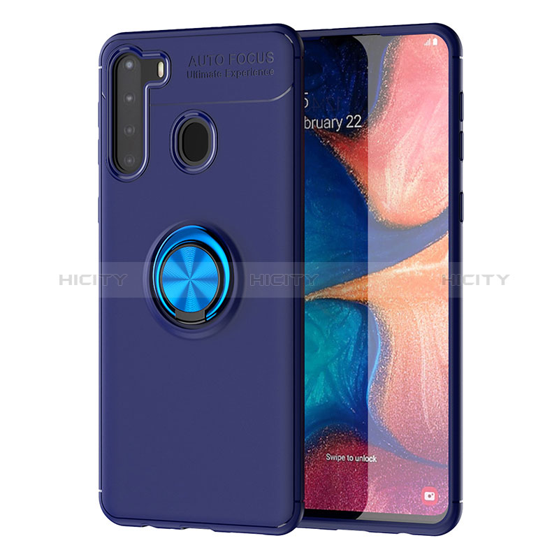 Funda Silicona Carcasa Ultrafina Goma con Magnetico Anillo de dedo Soporte JM1 para Samsung Galaxy A21 Azul