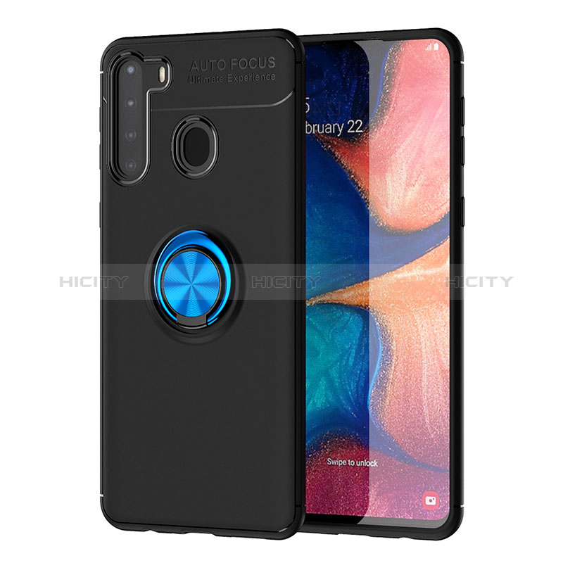 Funda Silicona Carcasa Ultrafina Goma con Magnetico Anillo de dedo Soporte JM1 para Samsung Galaxy A21 Azul y Negro