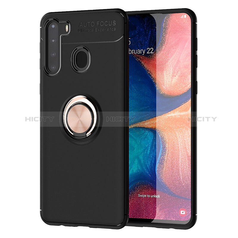 Funda Silicona Carcasa Ultrafina Goma con Magnetico Anillo de dedo Soporte JM1 para Samsung Galaxy A21 Oro y Negro