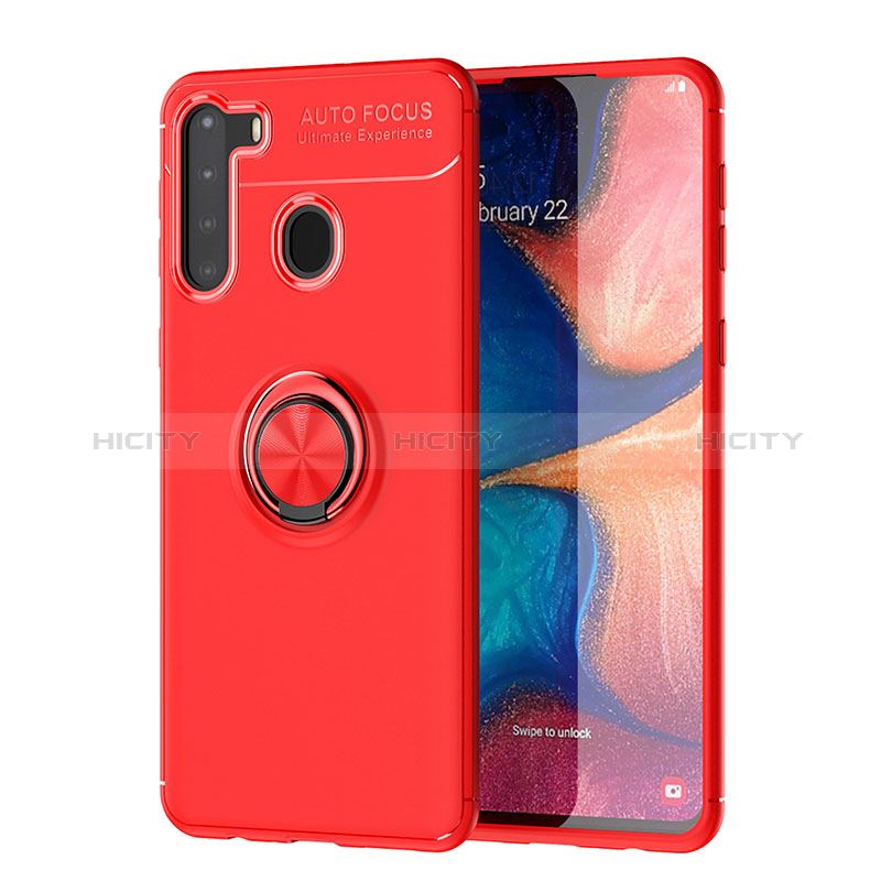 Funda Silicona Carcasa Ultrafina Goma con Magnetico Anillo de dedo Soporte JM1 para Samsung Galaxy A21 Rojo