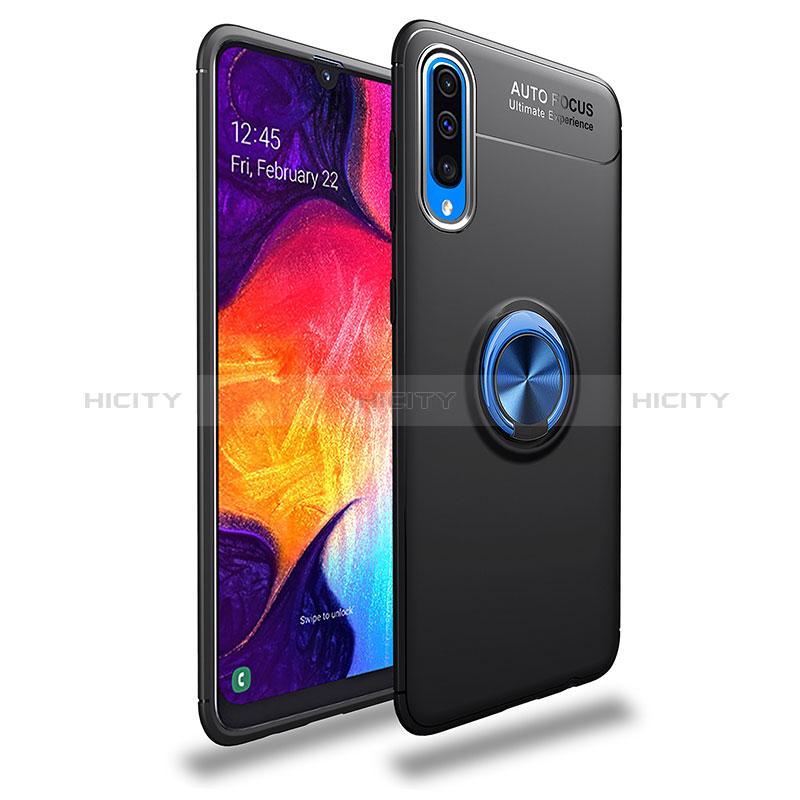 Funda Silicona Carcasa Ultrafina Goma con Magnetico Anillo de dedo Soporte JM1 para Samsung Galaxy A30S Azul y Negro