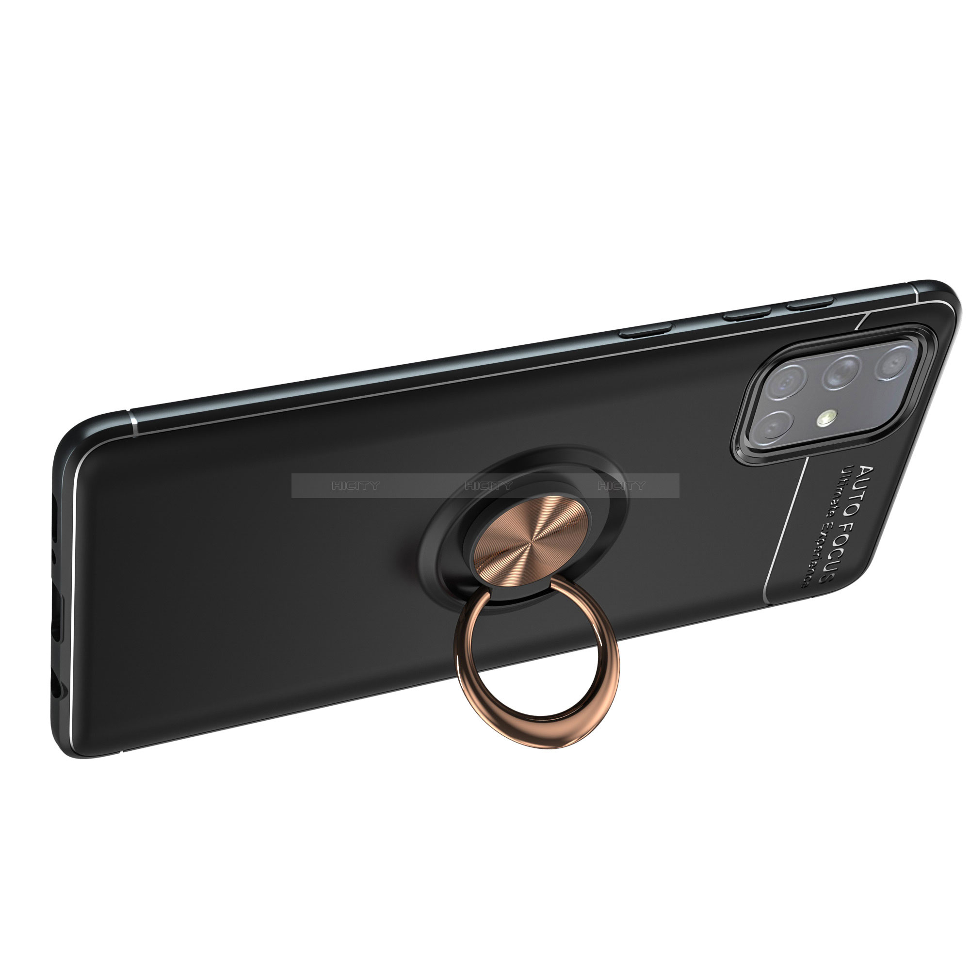 Funda Silicona Carcasa Ultrafina Goma con Magnetico Anillo de dedo Soporte JM1 para Samsung Galaxy A71 4G A715 Oro y Negro