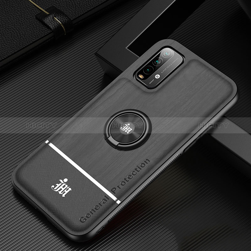 Funda Silicona Carcasa Ultrafina Goma con Magnetico Anillo de dedo Soporte JM1 para Xiaomi Redmi Note 9 4G Negro