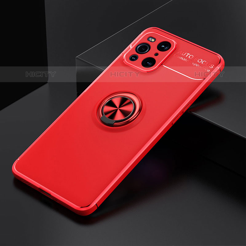 Funda Silicona Carcasa Ultrafina Goma con Magnetico Anillo de dedo Soporte JM2 para Oppo Find X3 Pro 5G Rojo