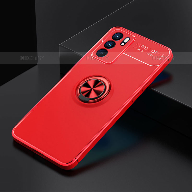 Funda Silicona Carcasa Ultrafina Goma con Magnetico Anillo de dedo Soporte JM2 para Oppo Reno6 5G Rojo