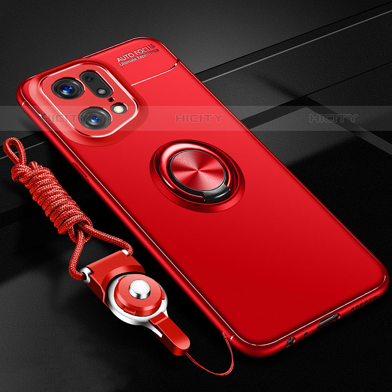 Funda Silicona Carcasa Ultrafina Goma con Magnetico Anillo de dedo Soporte JM3 para Oppo Find X5 Pro 5G Rojo