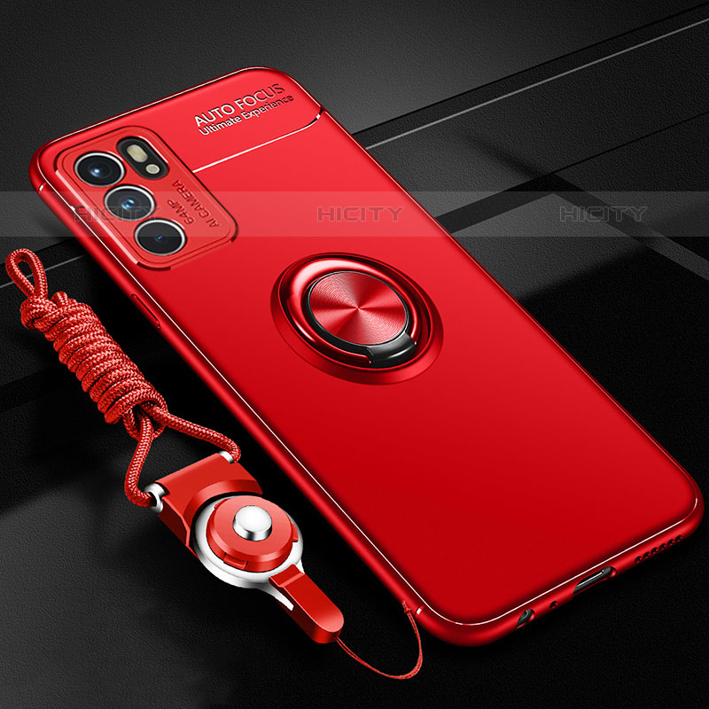 Funda Silicona Carcasa Ultrafina Goma con Magnetico Anillo de dedo Soporte JM3 para Oppo Reno6 5G Rojo