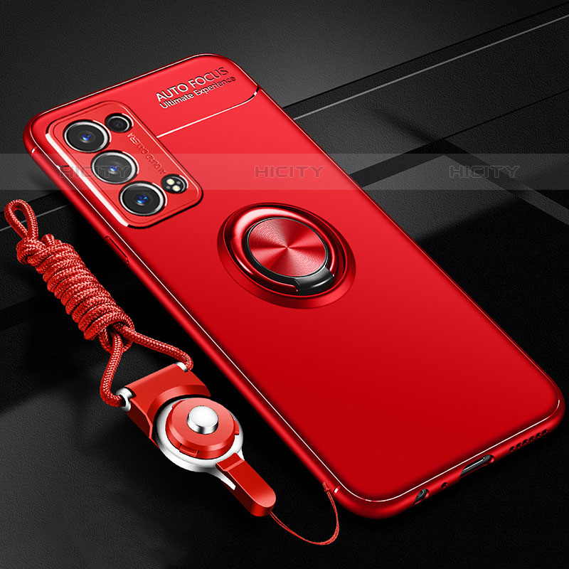 Funda Silicona Carcasa Ultrafina Goma con Magnetico Anillo de dedo Soporte JM3 para Oppo Reno6 Pro 5G Rojo