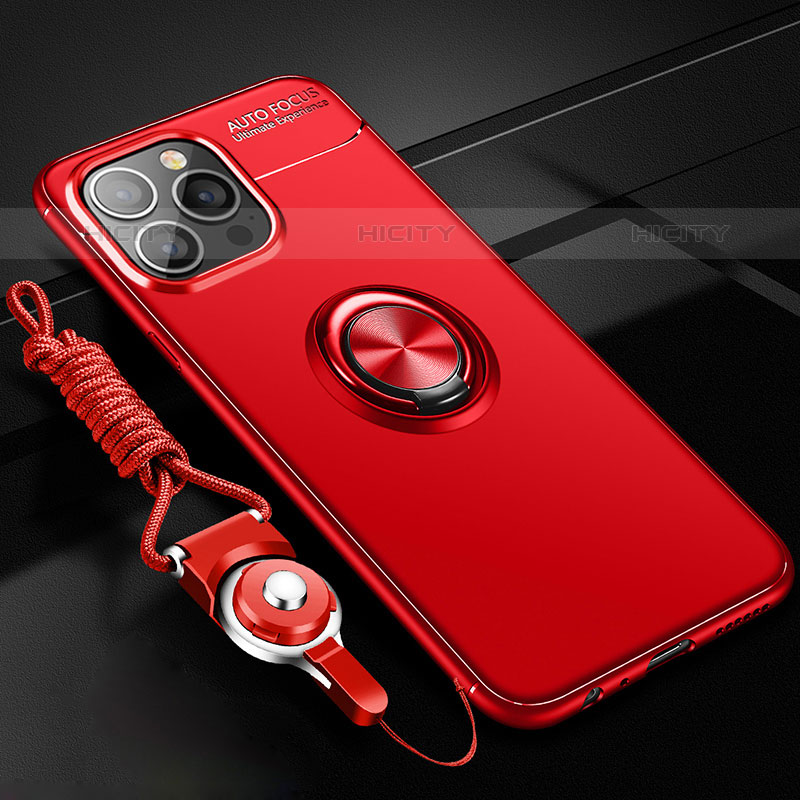 Funda Silicona Carcasa Ultrafina Goma con Magnetico Anillo de dedo Soporte para Apple iPhone 15 Pro Rojo