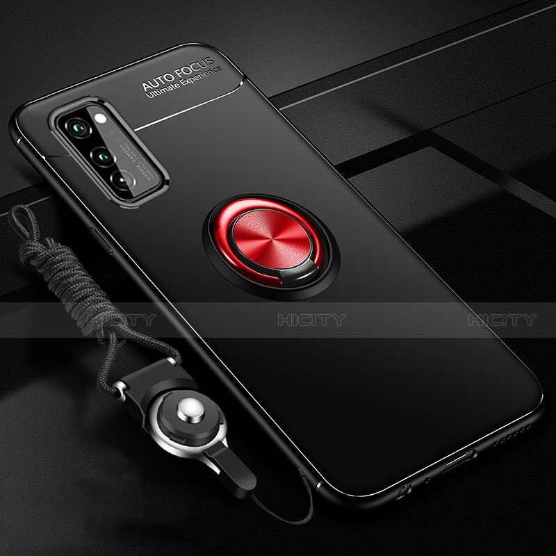 Funda Silicona Carcasa Ultrafina Goma con Magnetico Anillo de dedo Soporte para Huawei Honor V30 5G Rojo y Negro