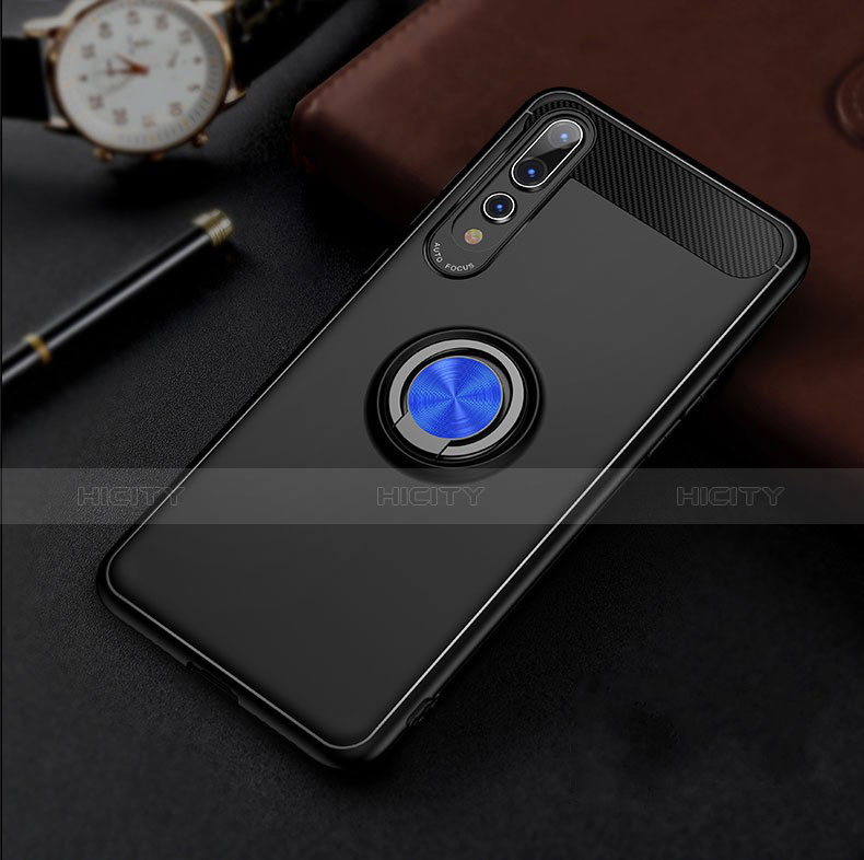 Funda Silicona Carcasa Ultrafina Goma con Magnetico Anillo de dedo Soporte para Huawei P20 Pro Azul y Negro