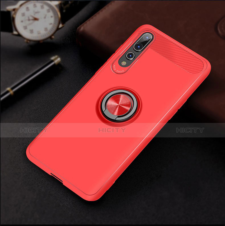 Funda Silicona Carcasa Ultrafina Goma con Magnetico Anillo de dedo Soporte para Huawei P20 Pro Rojo