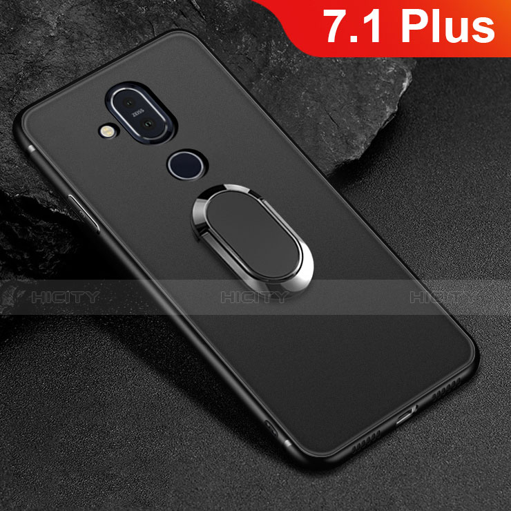 Funda Silicona Carcasa Ultrafina Goma con Magnetico Anillo de dedo Soporte para Nokia 7.1 Plus Negro