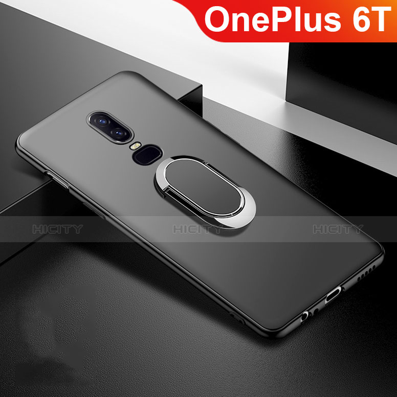 Funda Silicona Carcasa Ultrafina Goma con Magnetico Anillo de dedo Soporte para OnePlus 6T Negro