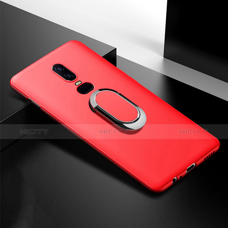 Funda Silicona Carcasa Ultrafina Goma con Magnetico Anillo de dedo Soporte para OnePlus 6T Rojo