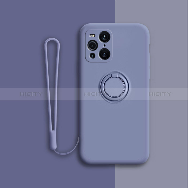 Funda Silicona Carcasa Ultrafina Goma con Magnetico Anillo de dedo Soporte para Oppo Find X3 5G Gris Lavanda