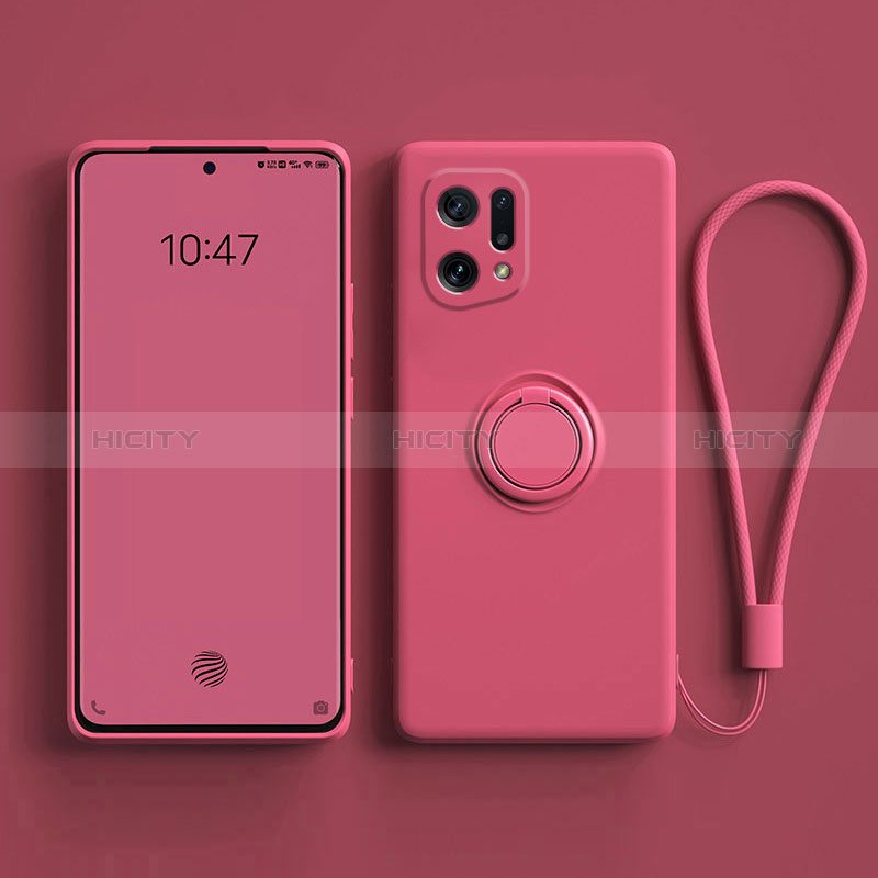 Funda Silicona Carcasa Ultrafina Goma con Magnetico Anillo de dedo Soporte para Oppo Find X5 5G Rojo