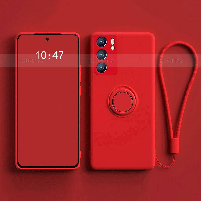 Funda Silicona Carcasa Ultrafina Goma con Magnetico Anillo de dedo Soporte para Oppo Reno6 5G Rojo