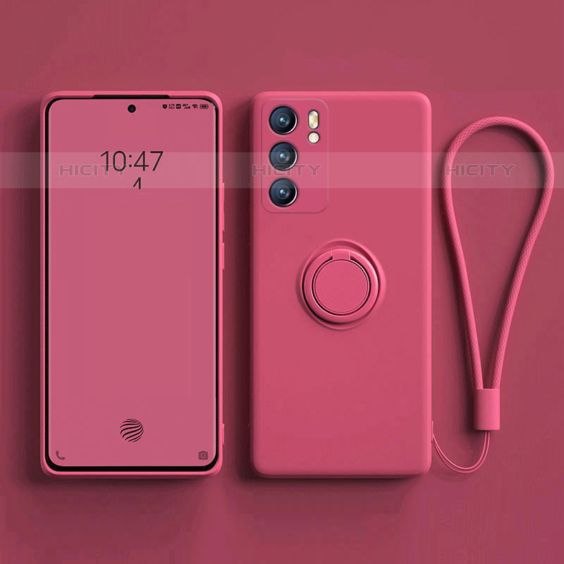 Funda Silicona Carcasa Ultrafina Goma con Magnetico Anillo de dedo Soporte para Oppo Reno6 Pro 5G India Rosa Roja