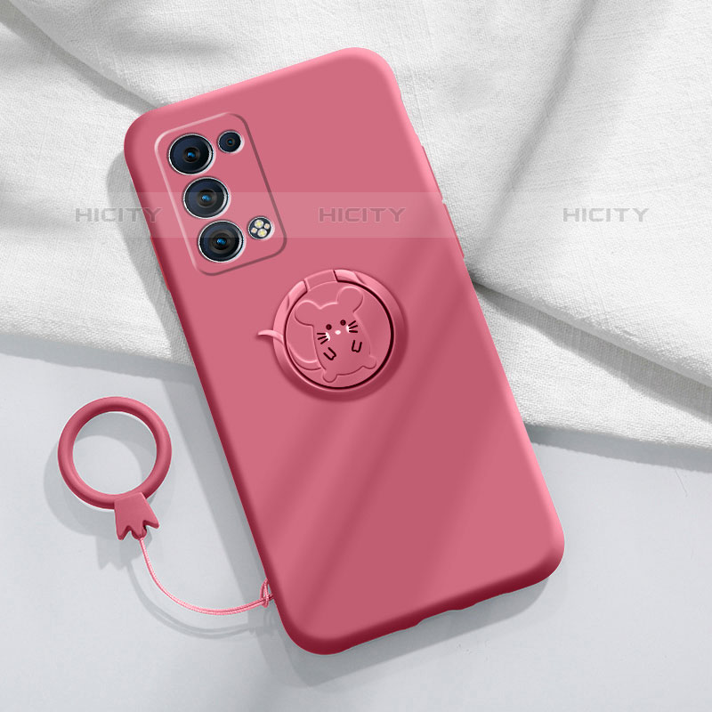 Funda Silicona Carcasa Ultrafina Goma con Magnetico Anillo de dedo Soporte para Oppo Reno6 Pro+ Plus 5G Rojo