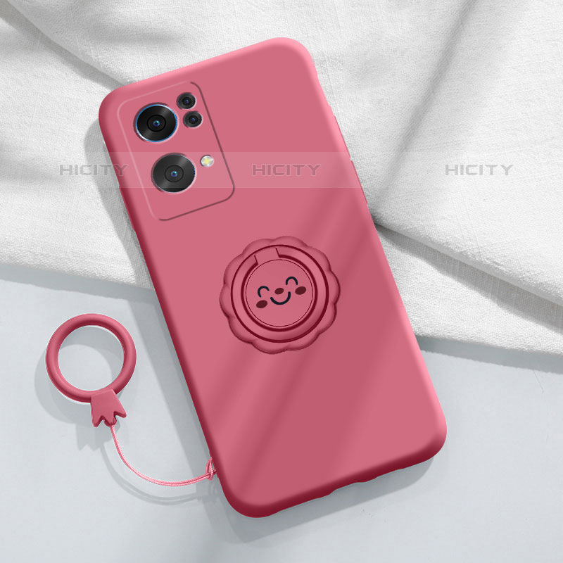 Funda Silicona Carcasa Ultrafina Goma con Magnetico Anillo de dedo Soporte para Oppo Reno7 Pro 5G Rosa Roja