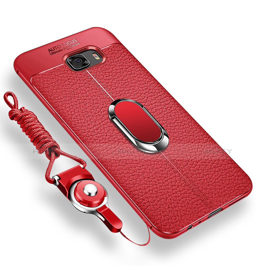 Funda Silicona Carcasa Ultrafina Goma con Magnetico Anillo de dedo Soporte para Samsung Galaxy C9 Pro C9000 Rojo