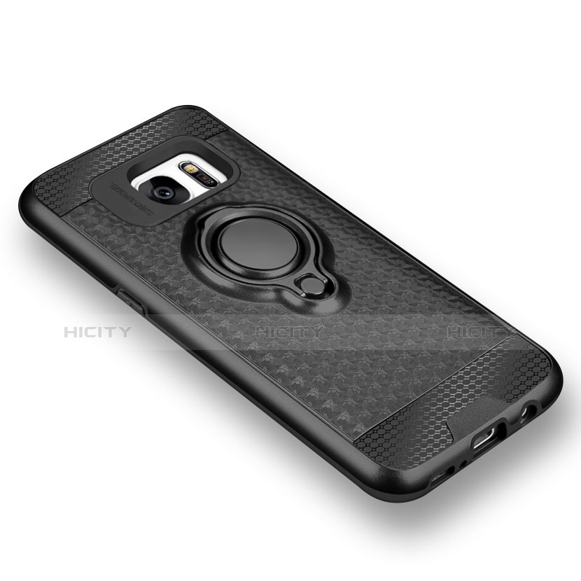 Funda Silicona Carcasa Ultrafina Goma con Magnetico Anillo de dedo Soporte para Samsung Galaxy S7 G930F G930FD Negro