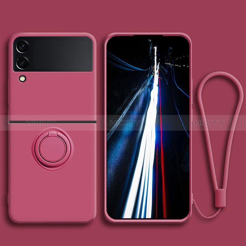 Funda Silicona Carcasa Ultrafina Goma con Magnetico Anillo de dedo Soporte para Samsung Galaxy Z Flip3 5G Rojo Rosa
