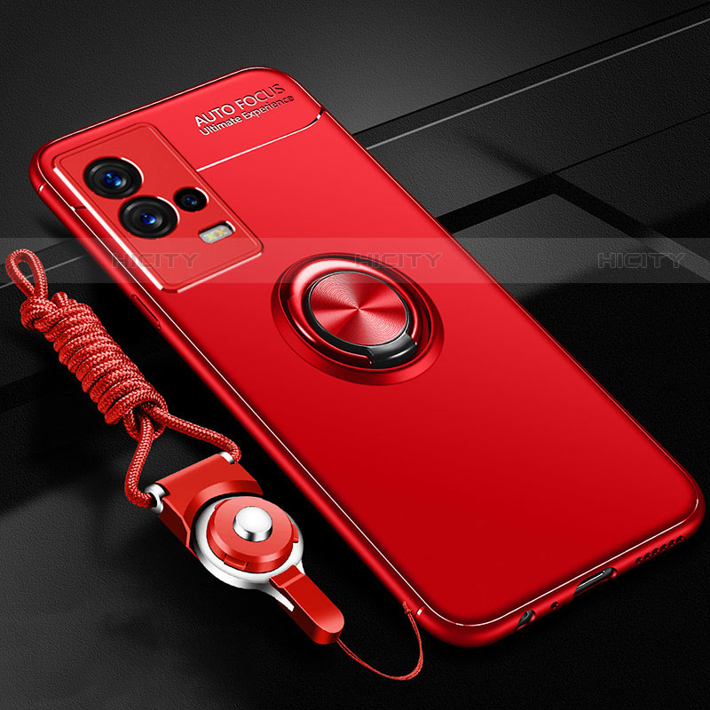 Funda Silicona Carcasa Ultrafina Goma con Magnetico Anillo de dedo Soporte para Vivo iQOO 8 Pro 5G Rojo