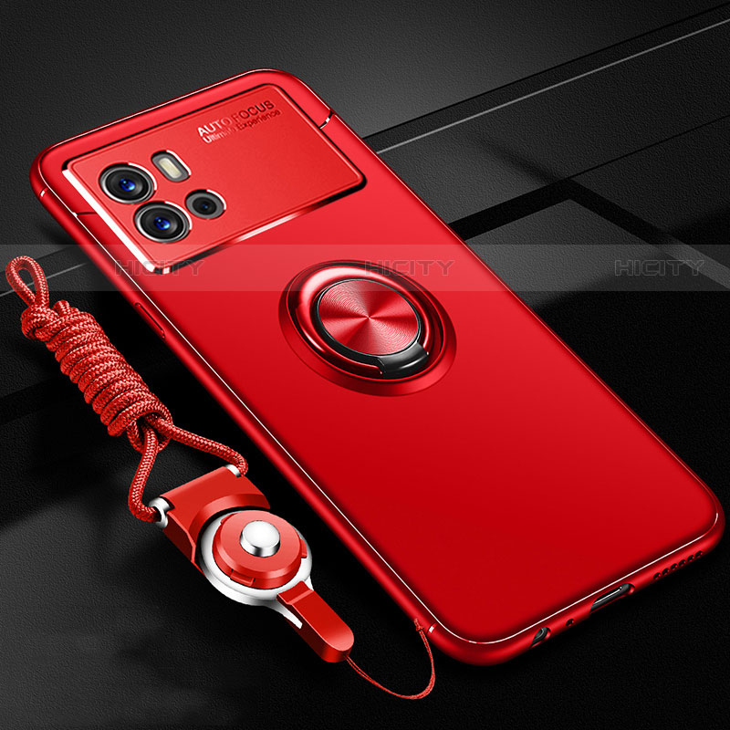 Funda Silicona Carcasa Ultrafina Goma con Magnetico Anillo de dedo Soporte para Vivo iQOO 9 Pro 5G Rojo