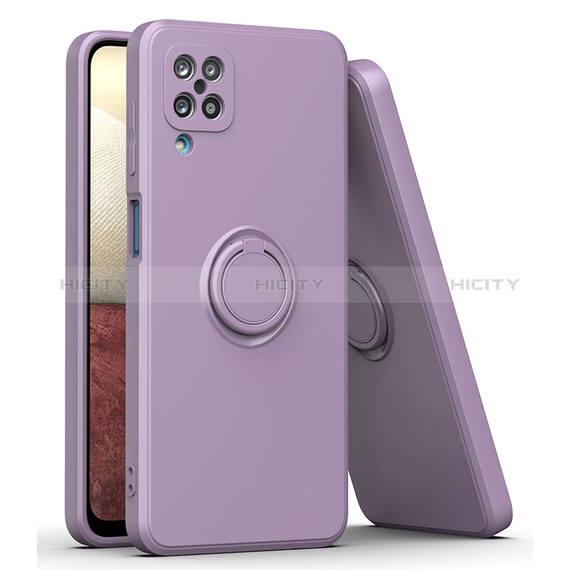 Funda Silicona Carcasa Ultrafina Goma con Magnetico Anillo de dedo Soporte QW1 para Samsung Galaxy A12 Morado