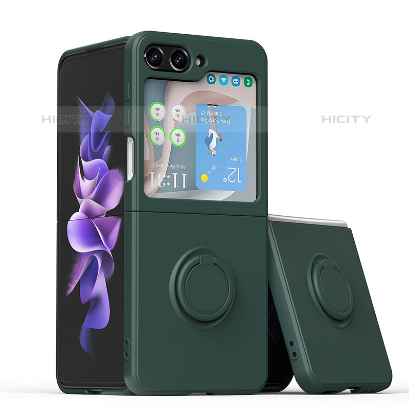 Funda Silicona Carcasa Ultrafina Goma con Magnetico Anillo de dedo Soporte QW1 para Samsung Galaxy Z Flip5 5G Verde Noche