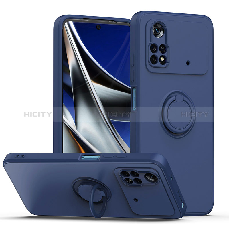 Funda Silicona Carcasa Ultrafina Goma con Magnetico Anillo de dedo Soporte QW1 para Xiaomi Poco M4 Pro 4G Azul