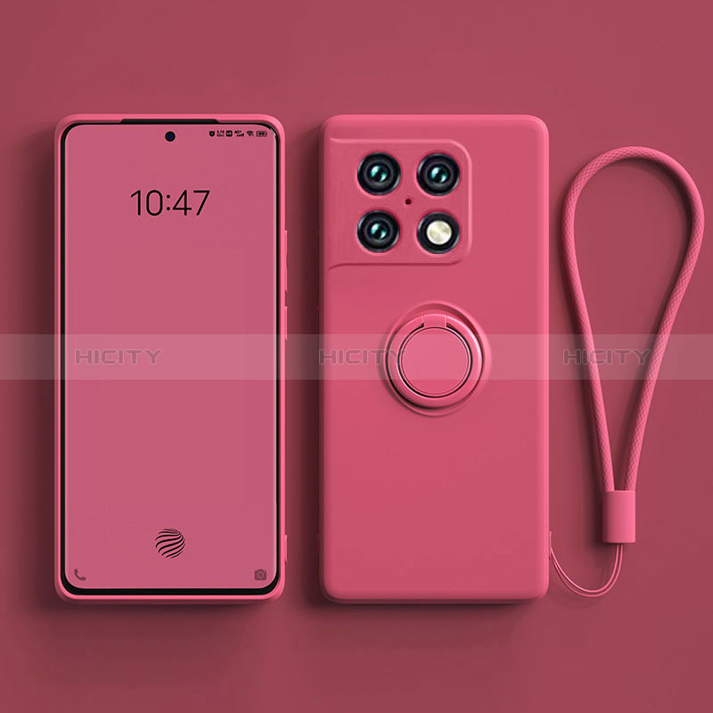 Funda Silicona Carcasa Ultrafina Goma con Magnetico Anillo de dedo Soporte S01 para OnePlus 10 Pro 5G Rojo Rosa