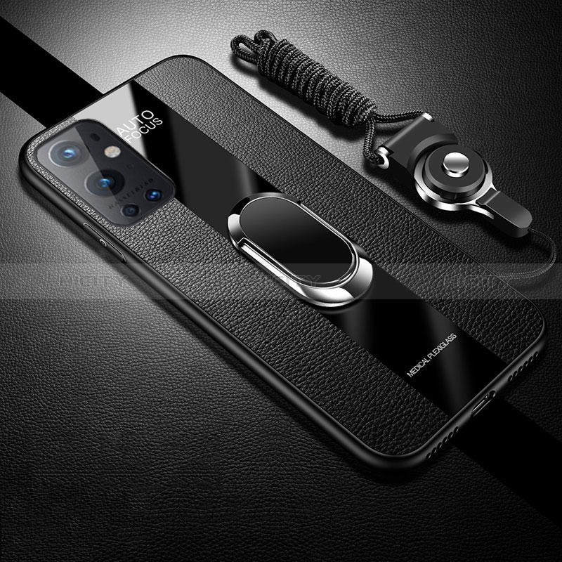 Funda Silicona Carcasa Ultrafina Goma con Magnetico Anillo de dedo Soporte S01 para OnePlus 9 Pro 5G Negro