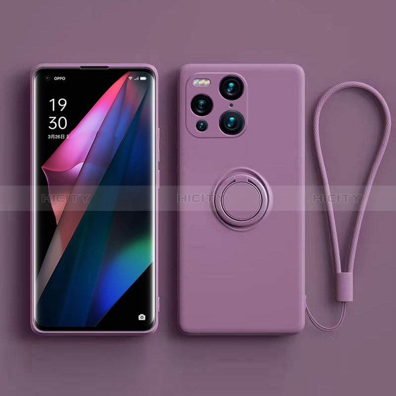 Funda Silicona Carcasa Ultrafina Goma con Magnetico Anillo de dedo Soporte S01 para Oppo Find X3 5G Morado