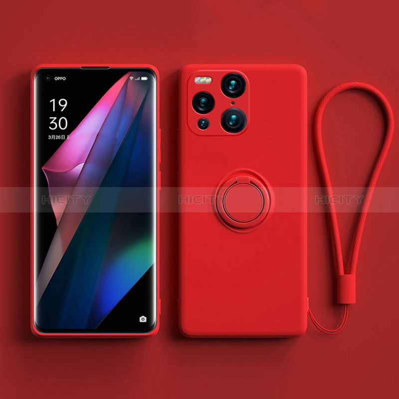 Funda Silicona Carcasa Ultrafina Goma con Magnetico Anillo de dedo Soporte S01 para Oppo Find X3 5G Rojo