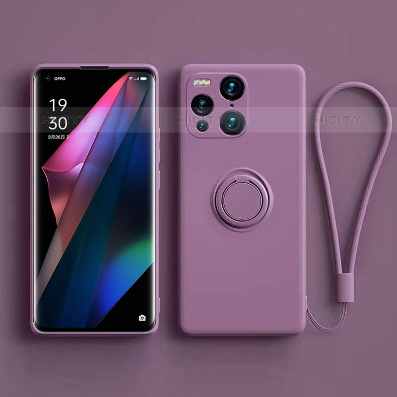 Funda Silicona Carcasa Ultrafina Goma con Magnetico Anillo de dedo Soporte S01 para Oppo Find X3 Pro 5G Morado