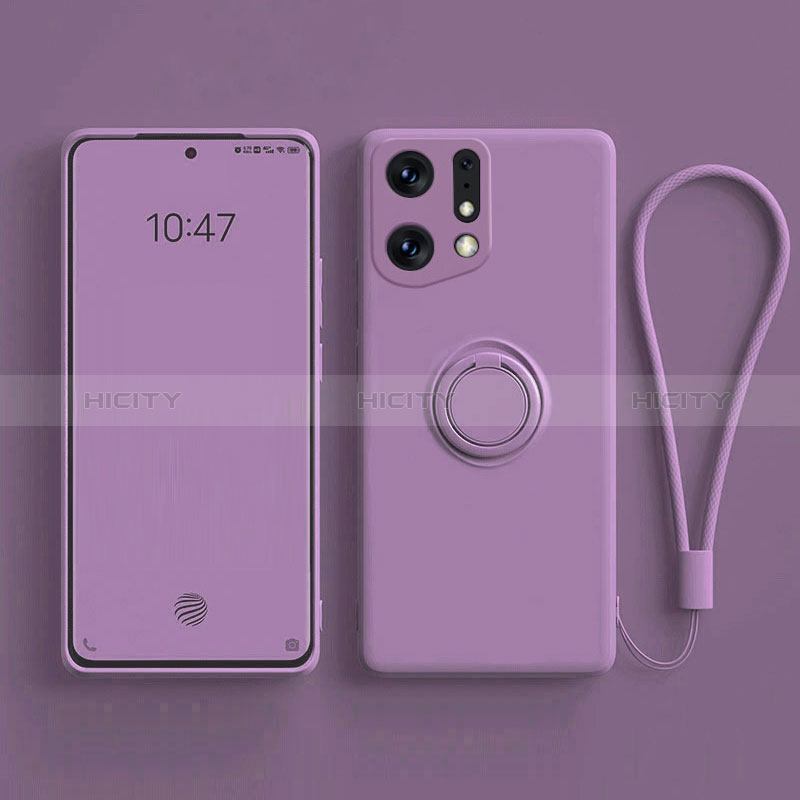 Funda Silicona Carcasa Ultrafina Goma con Magnetico Anillo de dedo Soporte S01 para Oppo Find X5 5G Morado